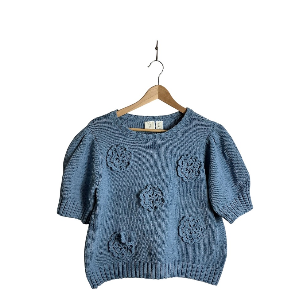 Joie Large Blue Crochet‎ Floral Knit Puff Sleeve Sweater Cottage Twee